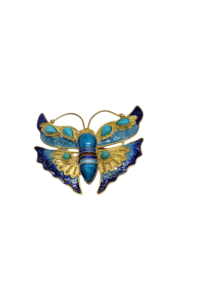 Sterling Filigree, Enamel and Turquoise Butterfly Brooch