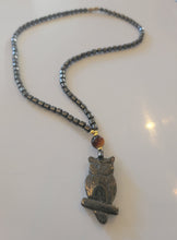 Load image into Gallery viewer, Carved Hematite Stone Owl with Tigers Eye Stone
