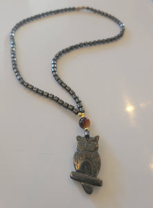 Carved Hematite Stone Owl with Tigers Eye Stone