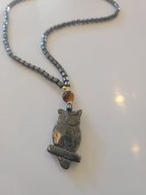 Load image into Gallery viewer, Carved Hematite Stone Owl with Tigers Eye Stone
