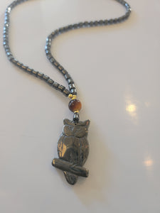 Carved Hematite Stone Owl with Tigers Eye Stone