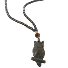 Load image into Gallery viewer, Carved Hematite Stone Owl with Tigers Eye Stone
