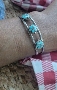 Vintage Sterling Turquoise Flower Cuff