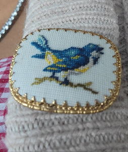 Vintage Stitched Blue Bird Brooch