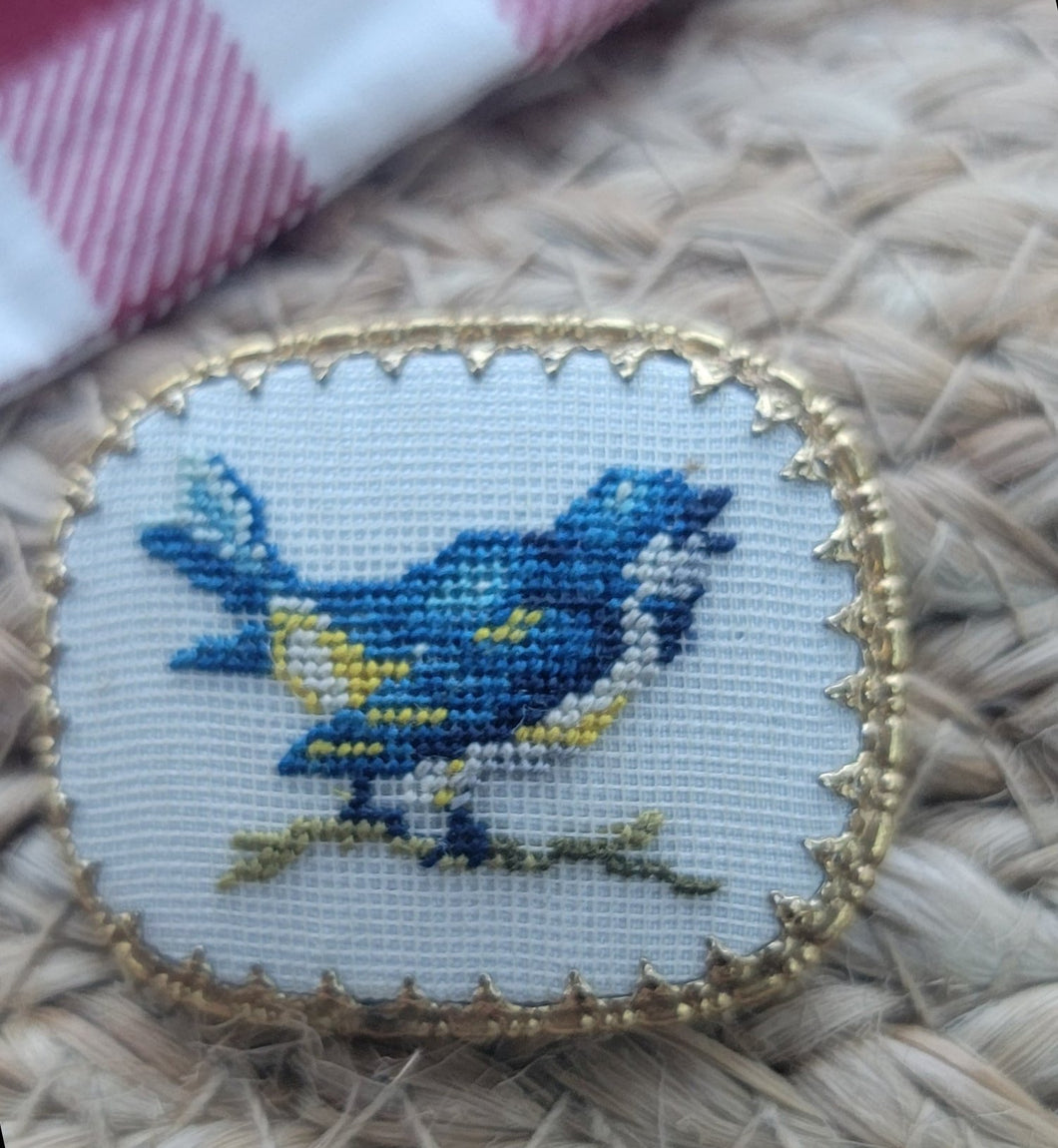 Vintage Stitched Blue Bird Brooch